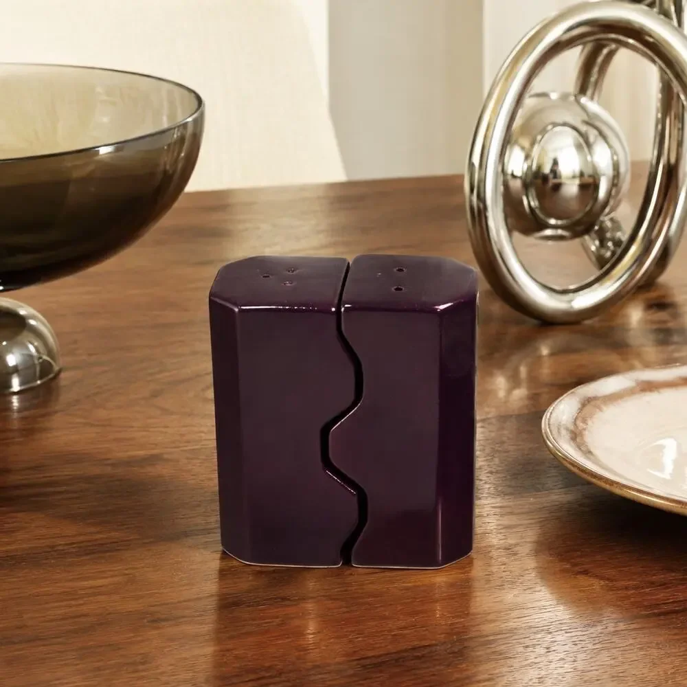 Vintage 1970s Japan MCM Interlocking Salt & Pepper Shakers Purple Ceramic Puzzle